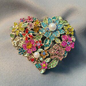 Heart Brooch Multicolor Floral Rhinestone Pearl Gold Tone Statement Pin 3”